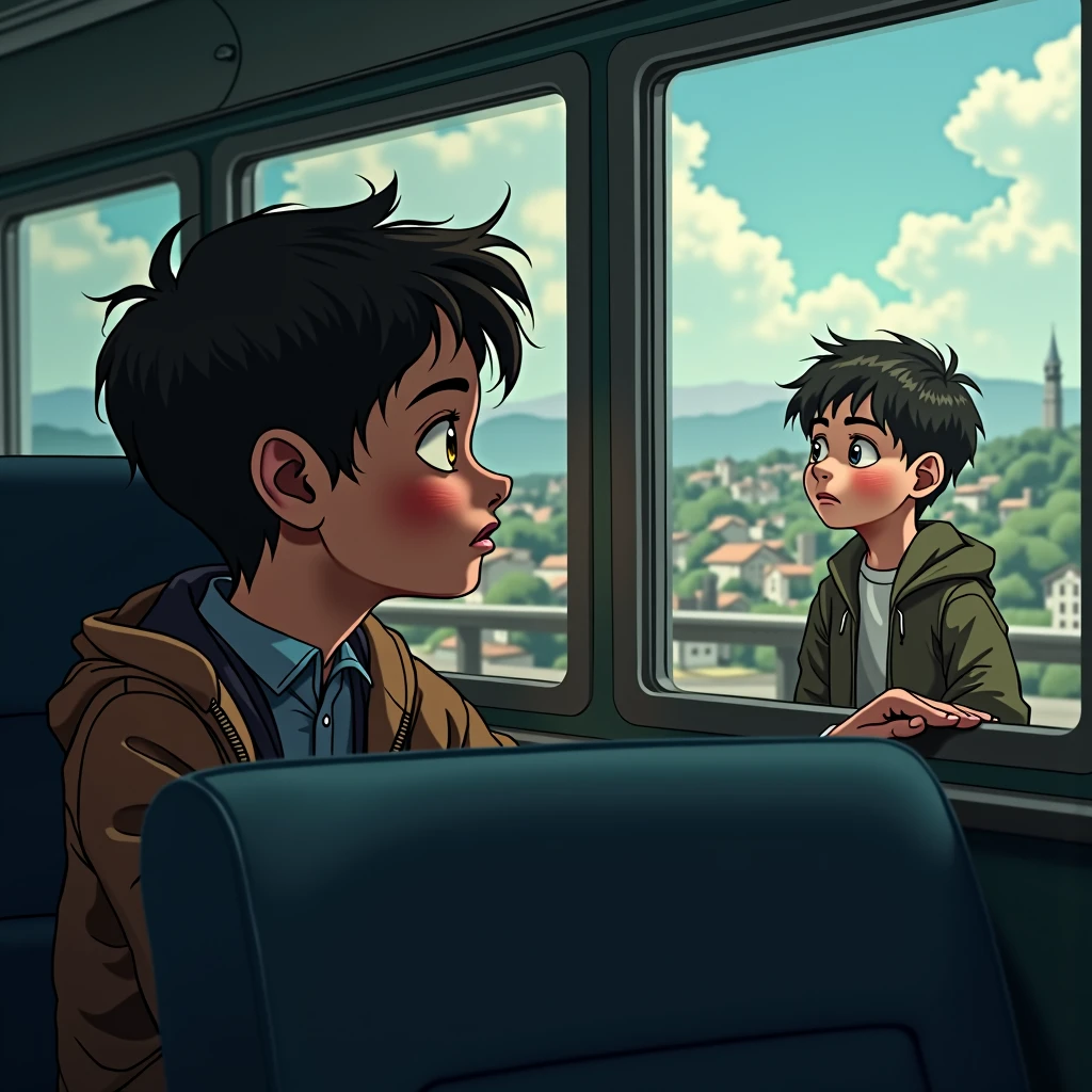 1 teenager on a bus looking at a boy through the bus window