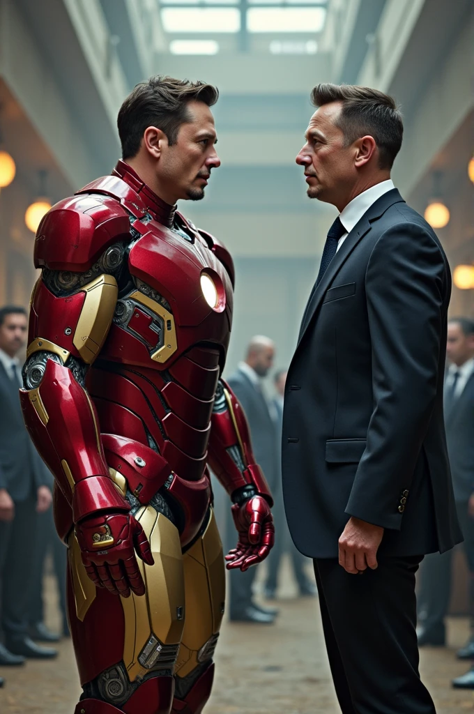 Billionaire Elon Musk in the Iron Man suit with one hand raised ready to take a shot at Minister Alexandre de Moraes' head