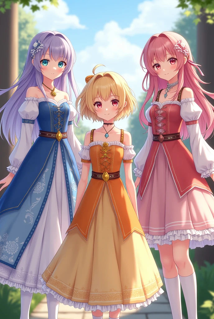 3 beautiful young girls the first girl with long lavender hair with bangs with light blue eyes in a gorgeous blue and white dress with detailed sleeves showing shoulder and short socks up to the ankles. The second girl with short sun yellow hair with bangs and a yellow and orange dress with a big gold necklace is the happiest and the third has long hair( Wavy) with strawberry pink hair with dull pink eyes in a bright and light pink dress with white with a bow at the waist long socks ( They are all )They all have the same height, medieval anime era ( the dresses are like the gemshin impact game) In the picture they have to come out whole from head to toe. They are still in the photo dressed in different clothes.