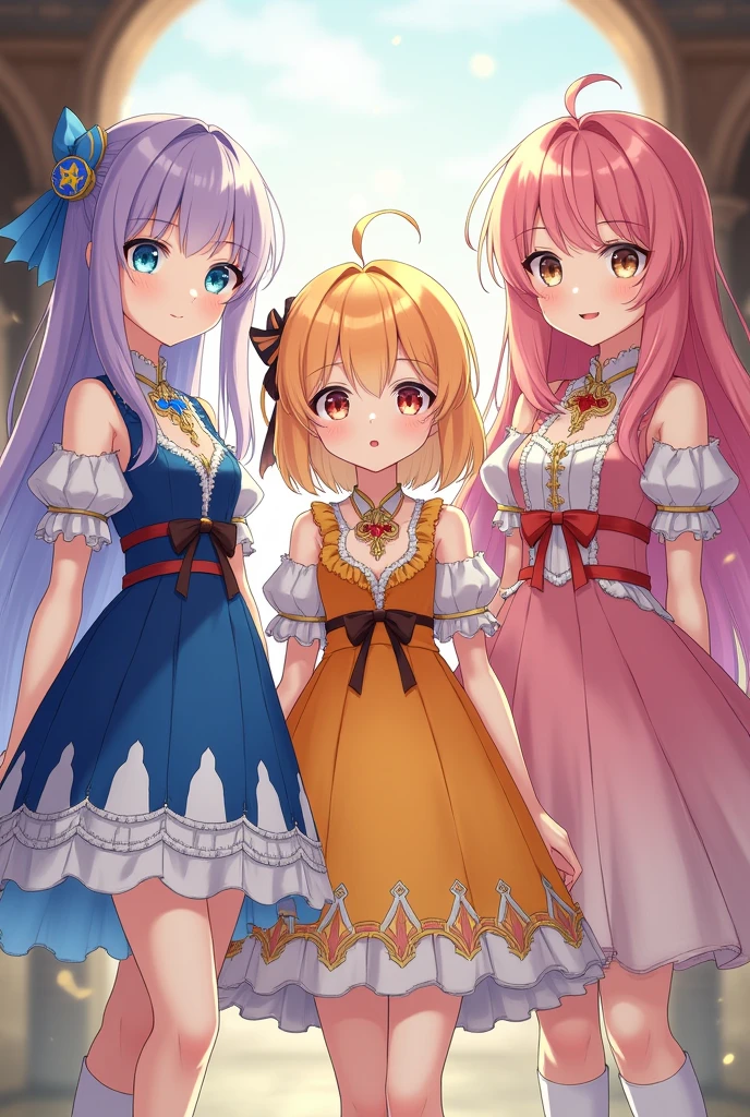 3 beautiful young girls the first girl with long lavender hair with bangs with light blue eyes in a gorgeous blue and white dress with detailed sleeves showing shoulder and short socks up to the ankles. The second girl with short sun yellow hair with bangs and a yellow and orange dress with a big gold necklace is the happiest and the third has long hair( Wavy) with strawberry pink hair with dull pink eyes in a bright and light pink dress with white with a bow at the waist long socks ( They are all )They all have the same height, medieval anime era ( the dresses are like the gemshin impact game) In the picture they have to come out whole from head to toe. They are still in the photo dressed in different clothes.