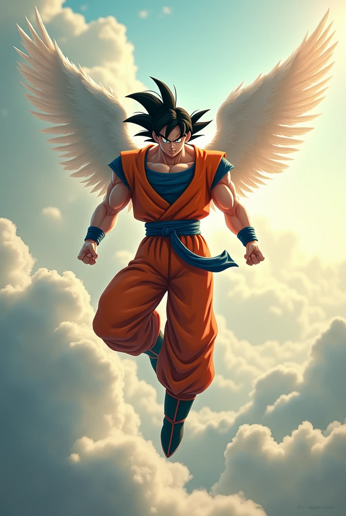 Goku with Angel Wings with his left foot half raised and floating 