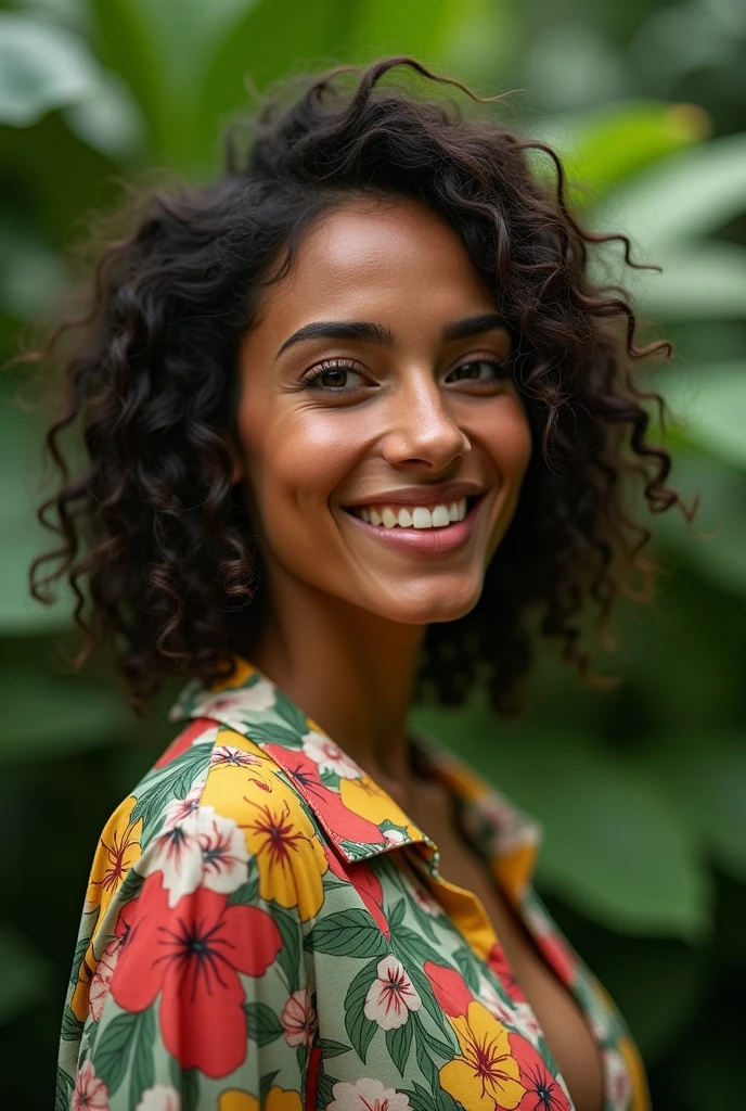 A Brazilian woman in a lush tropical garden, wearing an open shirt with a floral print, with a close-up capturing the harmonious beauty between her breasts and the natural flowers, showing off your natural charm and outgoing personality.