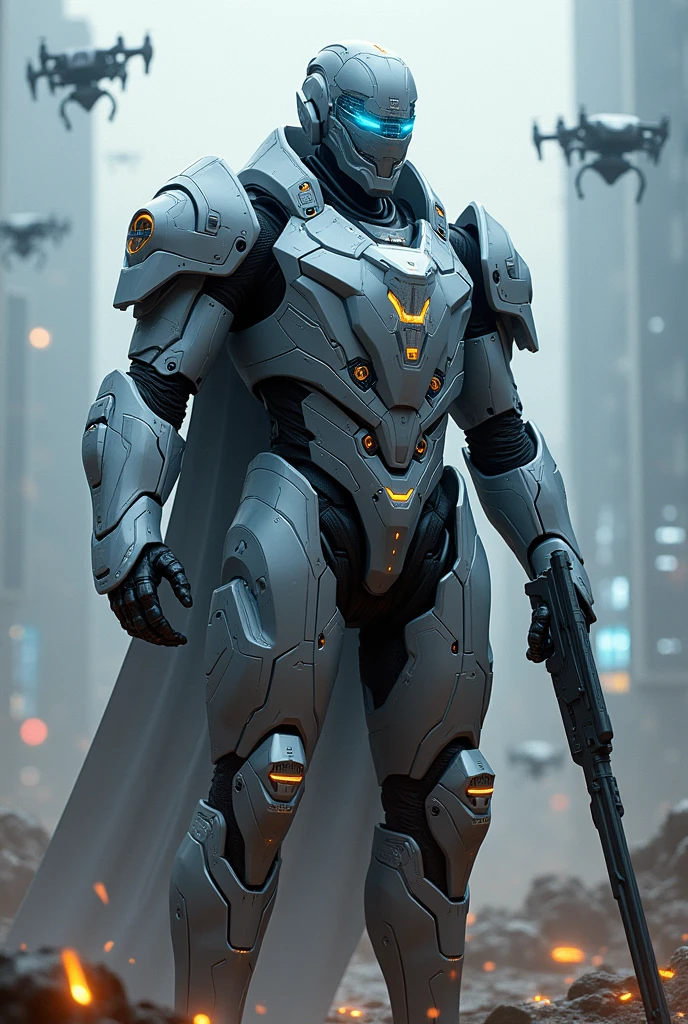 A futuristic knight in a heavily armored exoskeleton suit that has integrated holographic displays on the chest and forearms. The suit is equipped with a retractable energy shield and advanced weaponry. The setting is a high-tech battlefield with digital interfaces and drones flying overhead.