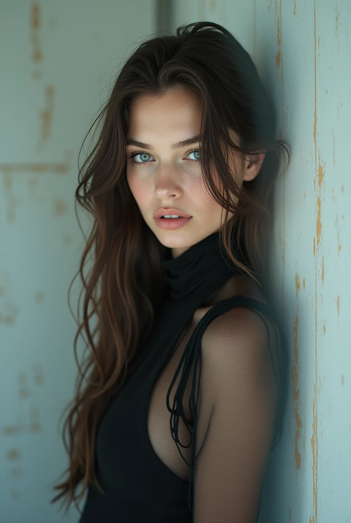 Editorial photography,Super detailed background,super realistic,double exposure,depth of field,beauty super slim skinny fluids,soft focus tone,Narrative scene,acrylic paint,,full body shot,from below,Wabi-sabi,very long straight brunette hair, portrait facing the camera close up, grey blue eyes