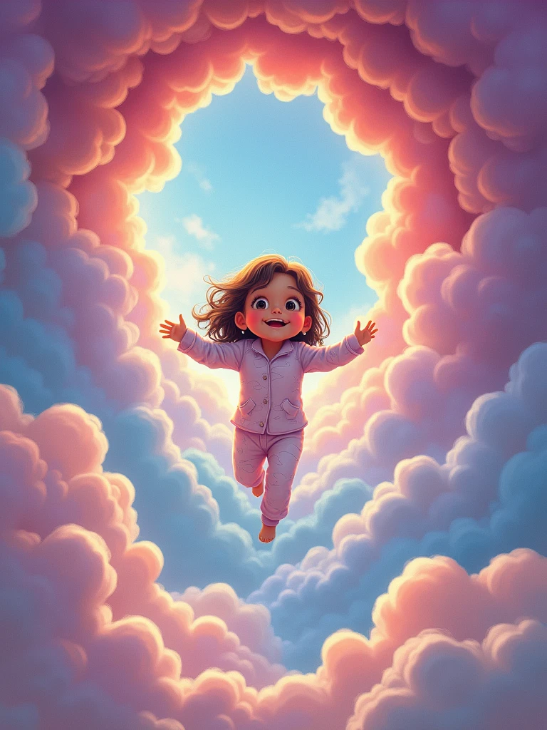a girl in pijama flying into a tunnel of multicolored clouds wtih a big mouth full of teeth in the exit