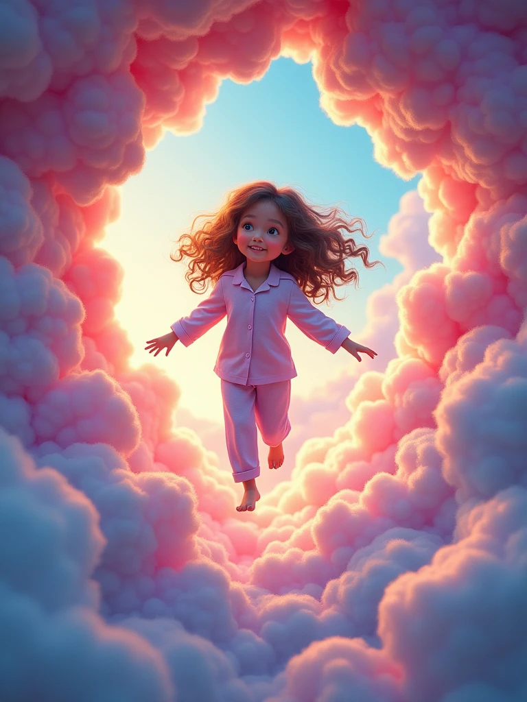 a girl in pijama flying into a tunnel of multicolored clouds wtih a big mouth full of teeth in the exit
