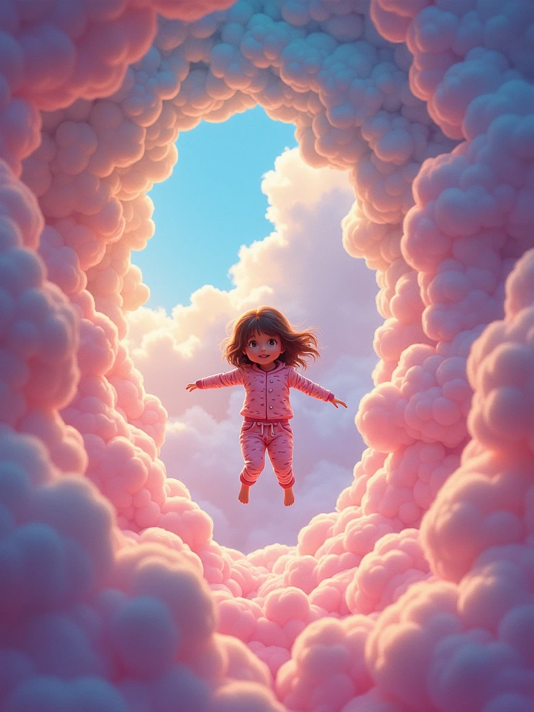 a girl in pijama flying into a tunnel of multicolored clouds wtih a big mouth full of teeth in the exit