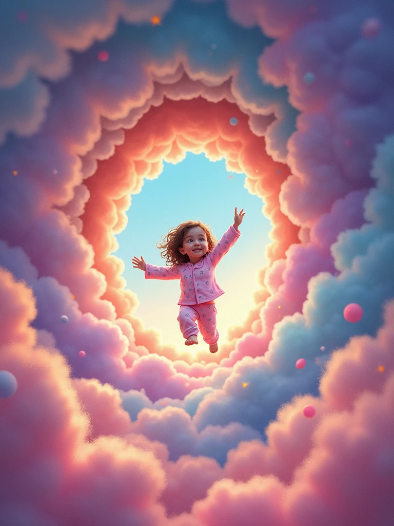 a girl in pijama flying into a tunnel of multicolored clouds wtih a big mouth full of teeth in the exit