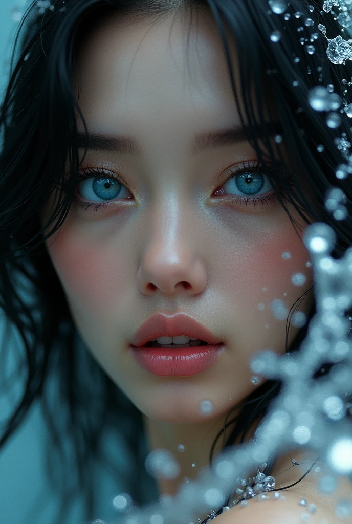 A close-up of an extremely beautiful woman, with extremely blue and bright irises, surrounded by splashing water that reflects and refracts light. Her jet black hair falls elegantly around her face.. She has a small and delicate nose., and full pink lips that add a touch of sensuality to her expression. The look is captivating and deep, full of mystery and charm. Water drops create a dynamic and magical effect, while the background is soft and out of focus to focus attention on her stunning beauty.