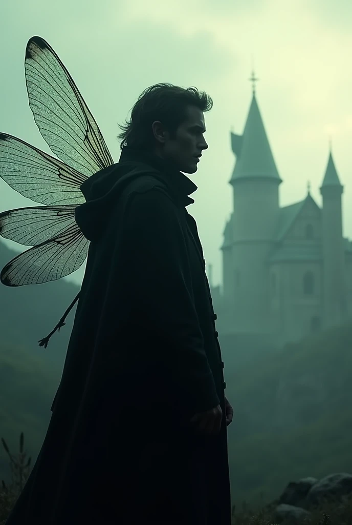 Male dark silhouette side view, distant view, with dragonfly wings with ancient castle