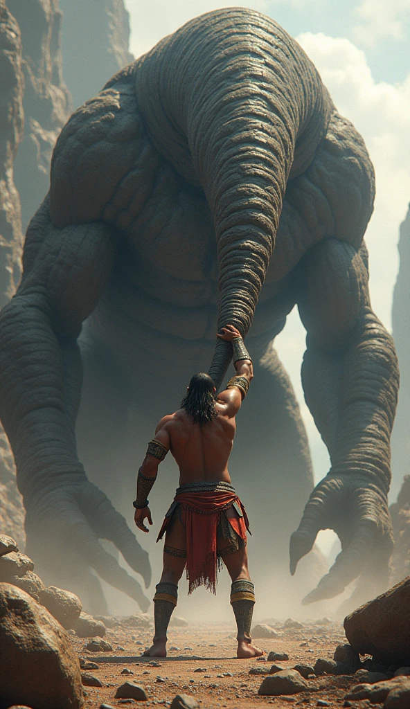 Bhima, confident in his strength, attempts to lift the tail but finds it immovable. Despite his efforts, the tail does not budge.
