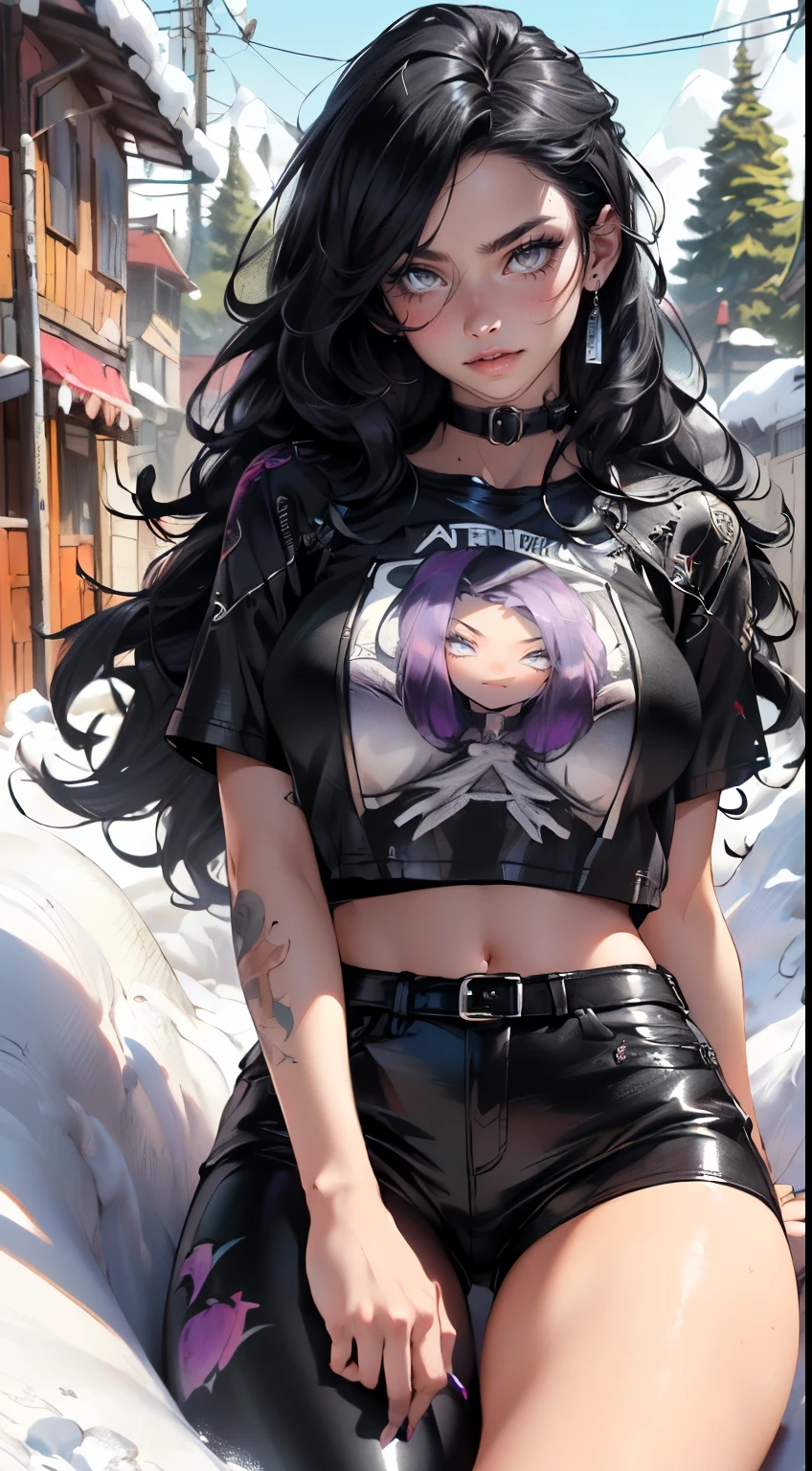 Gothices Mädchen,1 girl,((extremely lovable and beautiful black haired anime Gothices Mädchen)),((())),(big boobs:1.2),((((black wavy hair:1.35,absurdly long unkempt hair,tousled head,colored inner hair,Ohratmung)))),((Heterochromie:1.5, (Purple_eye and red_eye))),complicated eyes,beautiful detailed eyes,symmetrical eyes,Big eyes:1.5,((fat))Gothices Mädchen,1 girl,((extremely lovable and beautiful black haired anime Gothices Mädchen)),((())),(big boobs:1.2),((((black wavy hair:1.35,absurdly long unkempt hair,tousled head,colored inner hair,Ohratmung)))),((Heterochromie:1.5, (Purple_eye and red_eye))),complicated eyes,beautiful detailed eyes,symmetrical eyes,Big eyes:1.5,((fat)),(((shiny skin:1.5,light skin: 1.5,Skin tanned,shiny skin,very shiny skin,shiny body,Plastic glitter skin,exaggerated shiny skin,glowing skin))),(Spider Belly,slender waist,wide hips,athletic body,pumped up legs,detailed body,(detailed face)),
lovable,slutty,seductive,erotic,(Not suitable for work),
provocative clothing,Show skin,((((printed t-shirt:1.3),black short leather jacket:1.3))),((black leather pants,)),((underpants strap)),((underboob:1.2)),(((black eyeshadow,thick black eyeliner,long, dramatic eyelashes,black lips,Accessories for the search term: &sit;Gothic&sit;,complicated makeup))),(((complicated outfit,complicated clothes,embroidered outfit,decorated outfit,embroidered clothing,ornate clothes))),
(dynamic pose:1.0),ashamed,(centered,Adjust to dimensions,Rule of thirds),
((snowy pine forest at night)), with dark storm clouds,winter,landscape:1.25,((snow forest background)),Christmas tree,
highres,keen focus,(extremely detail,extremely detail),(photorealistic artwork:1.37),(extremely detail CG unity 8k wallpaper),(((bright colors,lively topic))),(complicated),(masterpiece),(best quality),The viewer