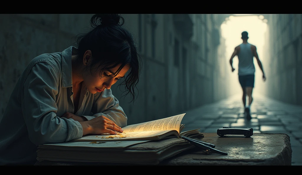 Create a realistic image where : A montage of scenes: someone awake at night at a desk with a single lamp, tears falling on a journal, sweat dripping off a runner’s face, all leading toward a distant goal.