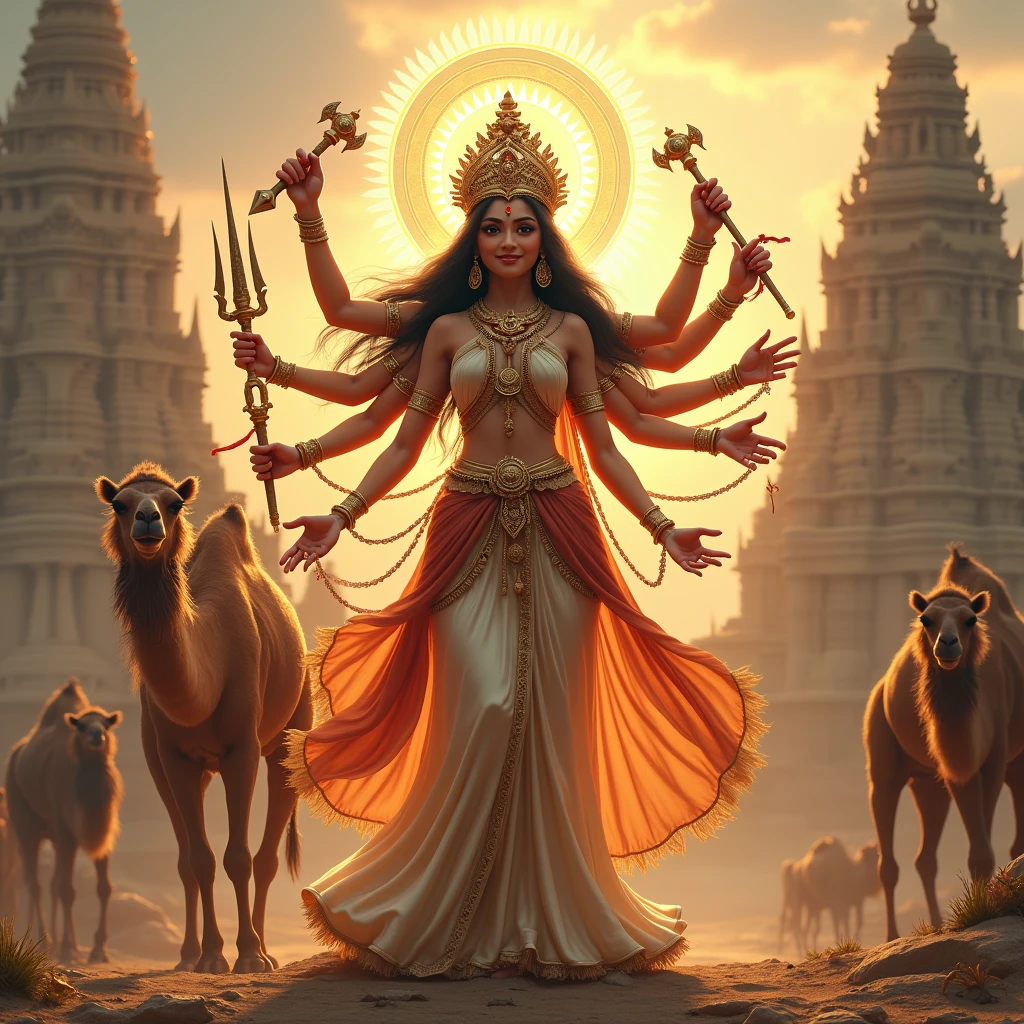 Hindu God Maa durga setting camel and temples Beautiful Background lighting