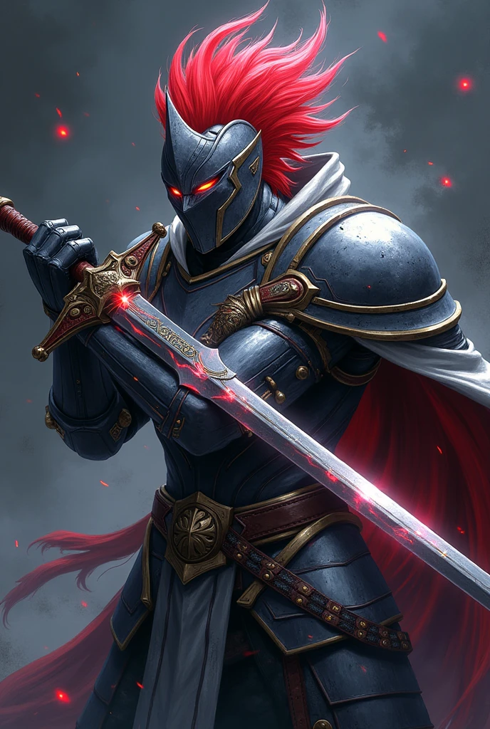 A knight with a red mane like a mohawk in a closed helmet and a medium sword with the ability of dark matter, anime version