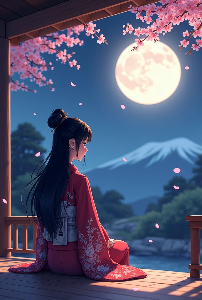 Animated version of a woman with long black hair tied up in a kimono sitting on a veranda on a full moon night.