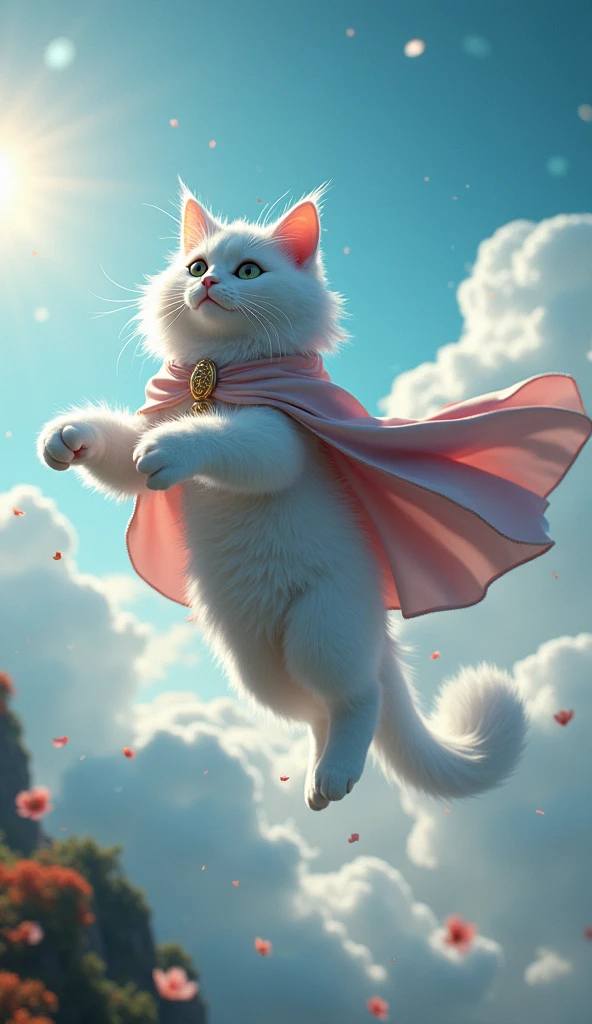3d、Ultra HD、Side view、Digital Art、Real People、A wizard's cat flying in the sky、The cat is wearing a cape
