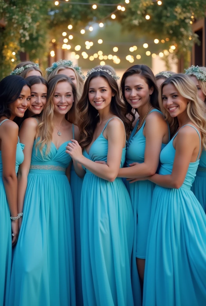 many girls in blue dresses, posing for photos, Happy birthday