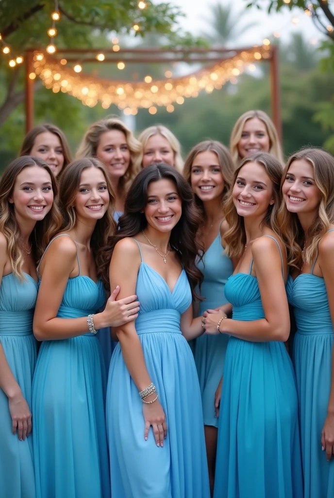 many girls in blue dresses, posing for photos, Happy birthday