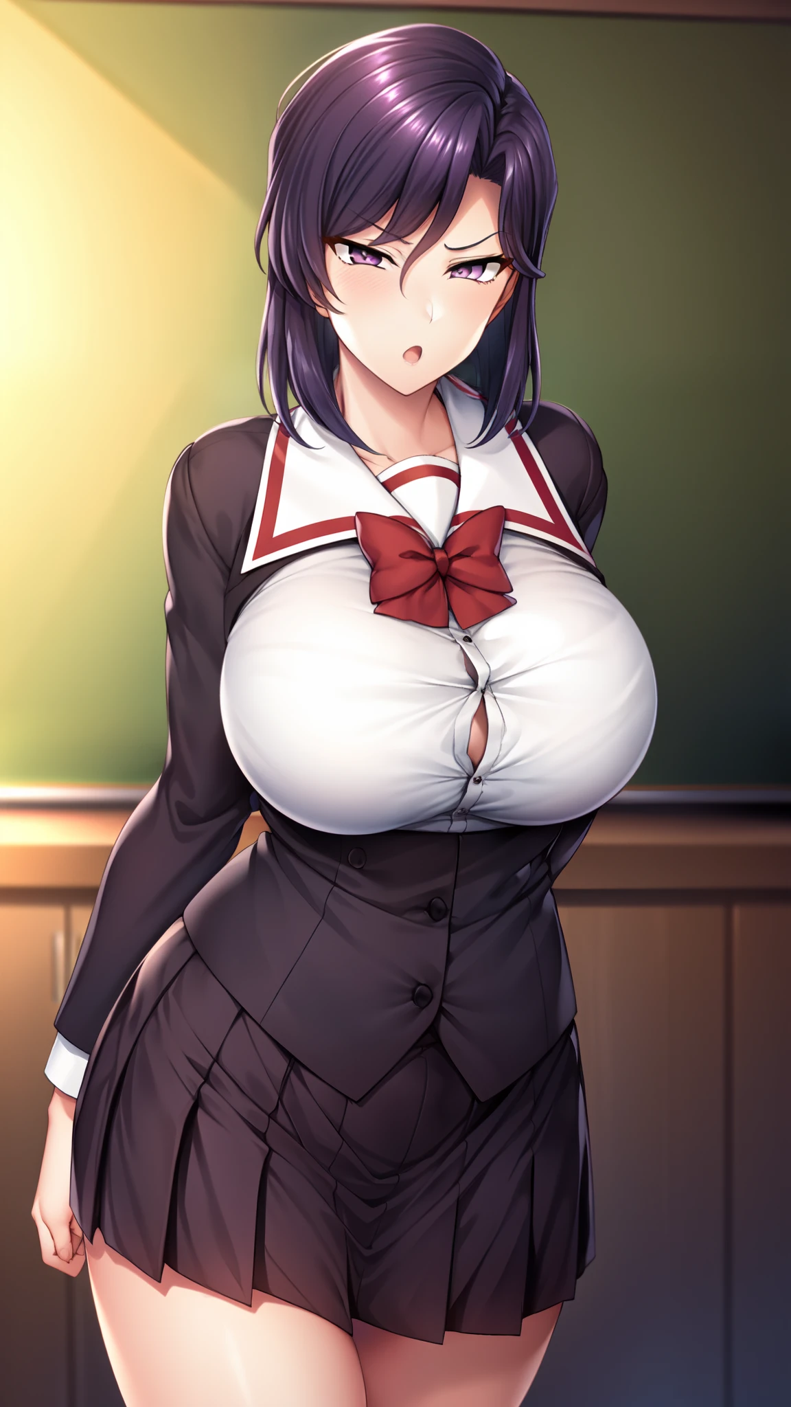 widen eyes, cowboyshot, mature woman, thick body, 1girl, short hair, purple hair, constricted eyes, solo, purple eyes, wide hips, school_uniform, white shirt, red_bowtie,:0, medium skirt, pleated_skirt, black_skirt, black_socks, black_hair, huge_breasts, hair_ribbon, , standing, surprised , , portrait, classroom, looking_at_viewer,
