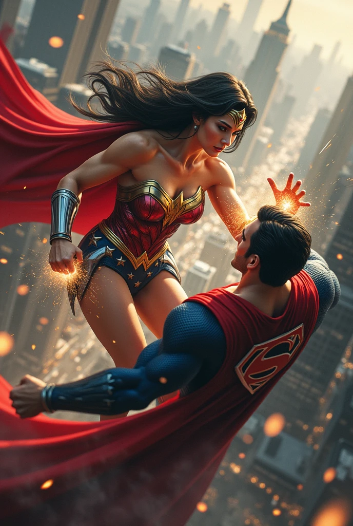 Wonder Woman, Realistic, Big breast, Full body, Fighting with Superman, view of the city from above, spells on hands, aerial view