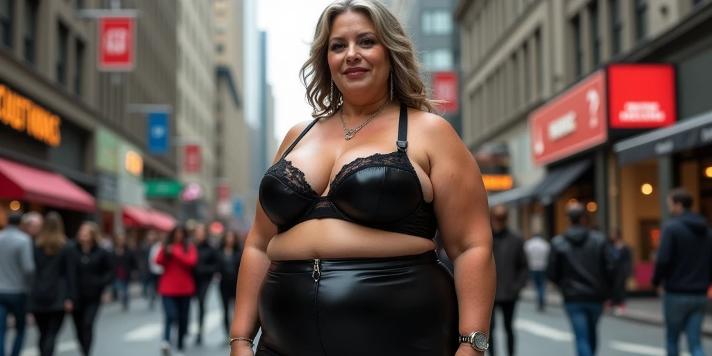 Older fatty women in hot bra and penti full body in black dress big chest big boobs in street