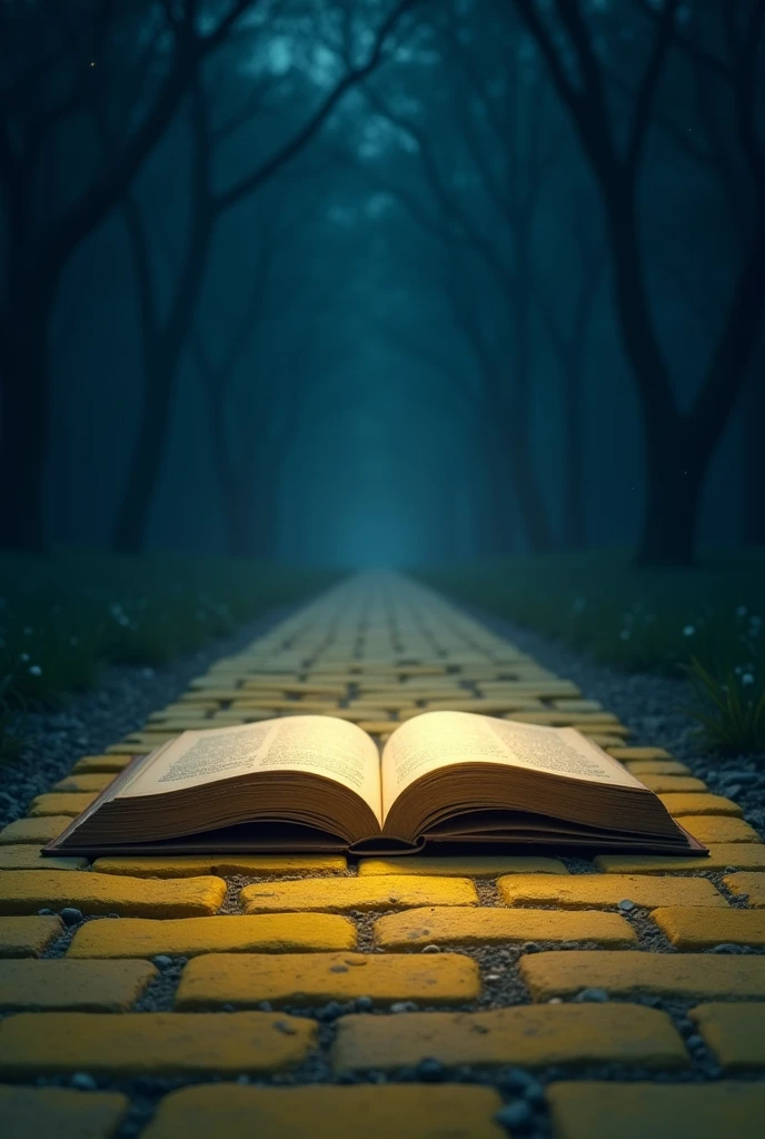 an open book on top of a yellow brick road on a dark blue night without much information on the side