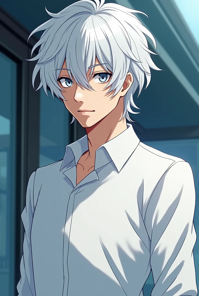 Create a male high school anime character with white hair