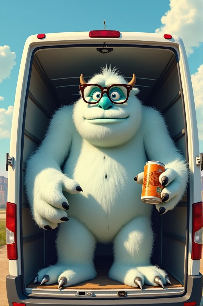 Create an image of the Abominable Snowman from Monster Inc with glasses in a white van with a beer in his hand
