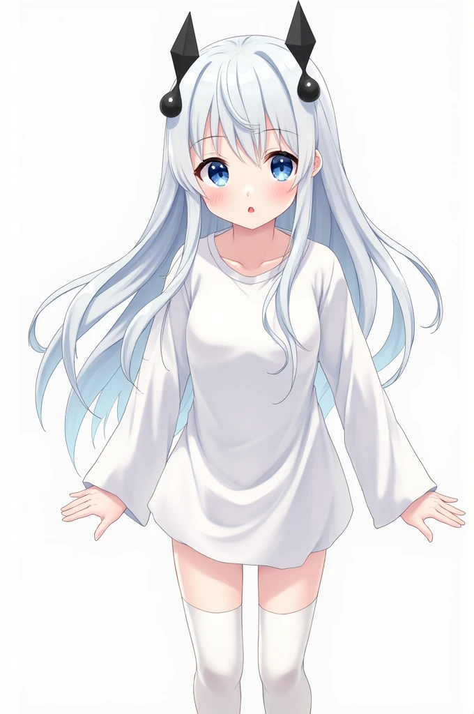 A Japanese anime style girl with long white hair,M-shaped bangs,There are only two black head ornaments on the top of her head that resemble upward arrows.,There is only one blue round bead dotted in the middle of the two upward arrows.,There was nothing on her head except two upward-cut hair ornaments.,She has a pair of blue eyes,She was wearing a white miniskirt,Wearing white on the legs,No shoes