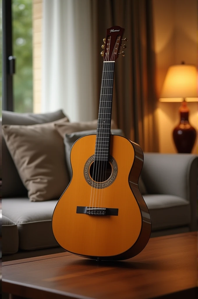 A classical guitar on a table in the living room