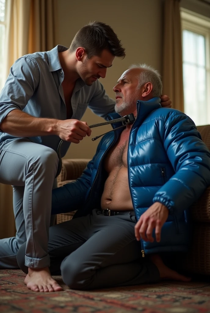 Violent BDSM with two visibly handsome and seductive macho gay men hyper-realistic, BDSM image, RAW, high resolution, high definition, high texture, showing two extremely seductive and handsome men together in a living room with high natural lighting. (((Wonderful and seductive uncle, aged forty-two years, short hair with signs of initial baldness, wearing pants and an *extremely shiny blue nylon puffer jacket* open, exposing his hairy chest and slightly prominent belly. He is kneeling on the floor, *wearing a collar around his neck*, being pulled by the collar by his nephew, a very handsome and domineering man, aged twenty-eight years, natural physique, dressed in a dress shirt and casual pants, next to his wonderful uncle submissive))). (((The *domineering nephew, with a maliciously authoritarian expression, pulls the leash of the collar attached to the submissive uncle's neck*, while the submissive uncle, *kneeling*, expresses that he is visibly humiliated))). High natural lighting, which enhances the realism of the BDSM image. The image must capture every detail accurately, emphasizing the BDSM interaction and the role contrast between the two men together (dominant nephew together with the submissive uncle), highlighting the realistic BDSM image with two handsome and seductive men together. Super details, best quality, anatomically correct, accurate.