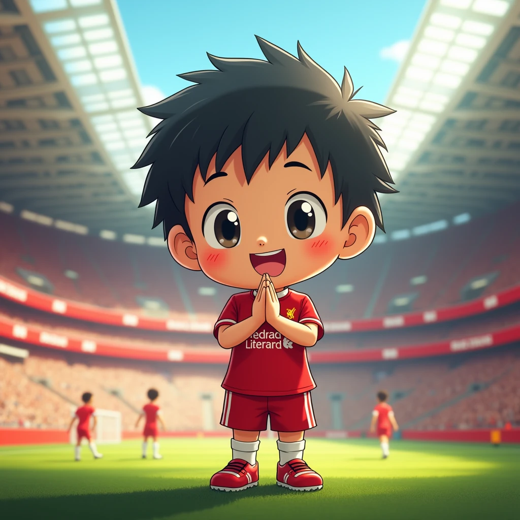 Cute ??? smiles in Toriyama Akira style, bows like a Thai person and wears a Liverpool shirt, standing in a cartoon style. High-quality dynamic photos, detailed and colorful. Realistic and colorful poses, the background is Andfield Stadium.