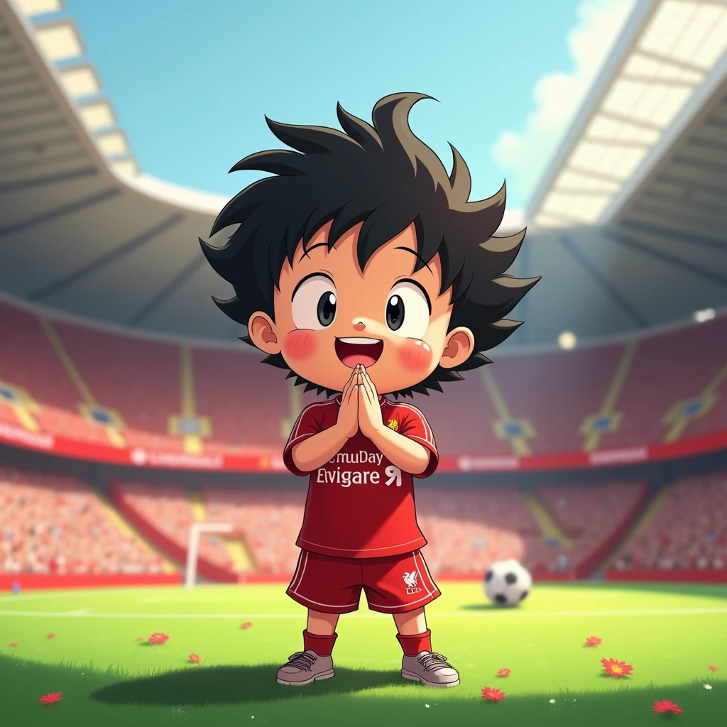 Cute ??? smiles in Toriyama Akira style, bows like a Thai person and wears a Liverpool shirt, standing in a cartoon style. High-quality dynamic photos, detailed and colorful. Realistic and colorful poses, the background is Andfield Stadium.