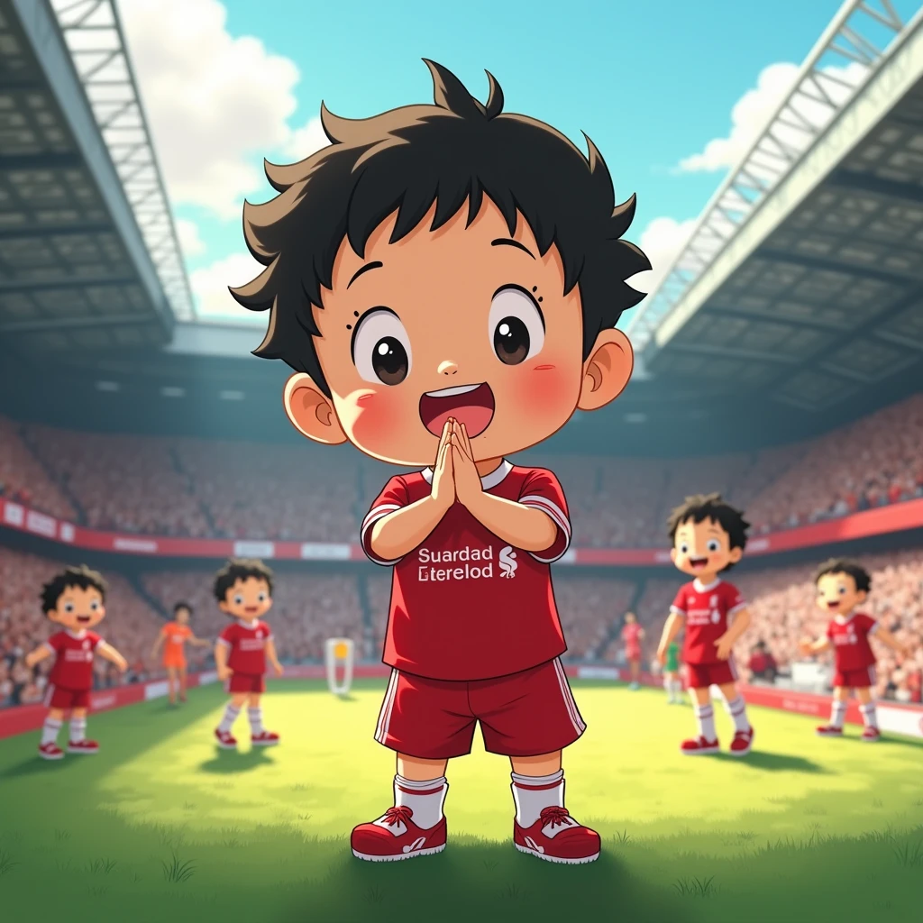 e kidiles in Toriyama Akira style, bows like a Thai person and wears a Liverpool shirt, standing in a cartoon style. High-quality dynamic photos, detailed and colorful. Realistic and colorful poses, the background is Andfield Stadium.