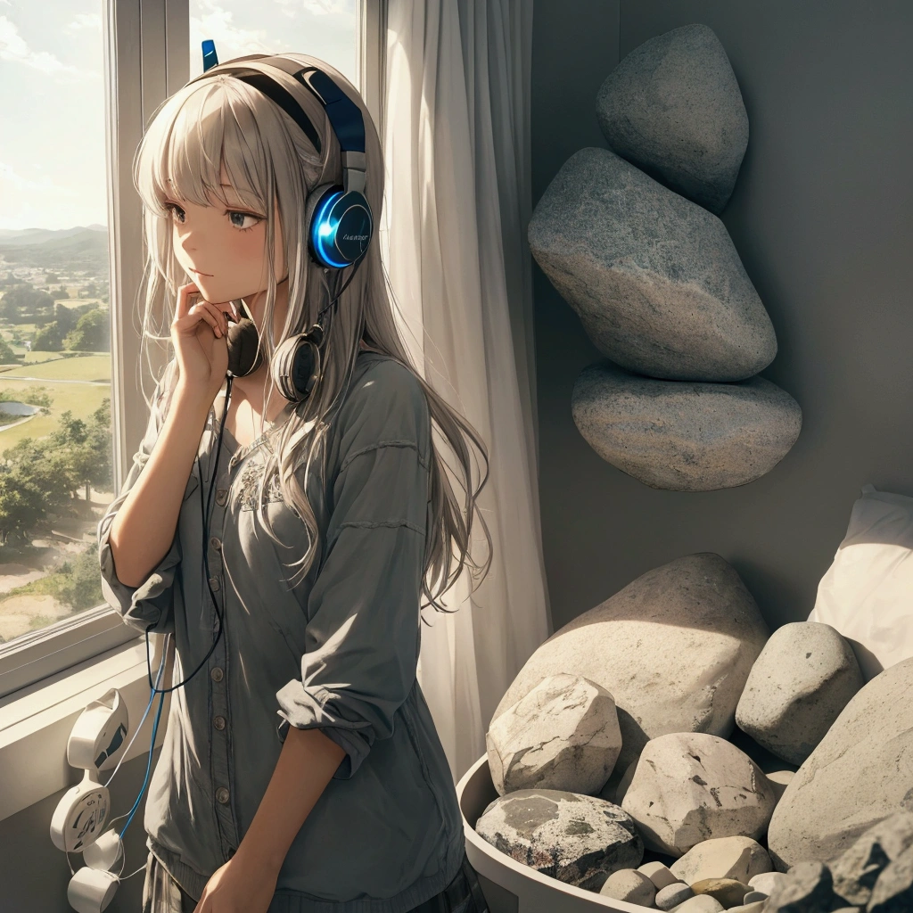 Sweet girl listening to music with headphones in her room with a beautiful view that brings back a thought of earth , stones ,rocks as a sense of belonging to a place of being a son and part of the land where one lives calm and relaxing and inspiring image Write in a way that fits with the concept the title Land of peace Hair ribbon, best qualityer, 