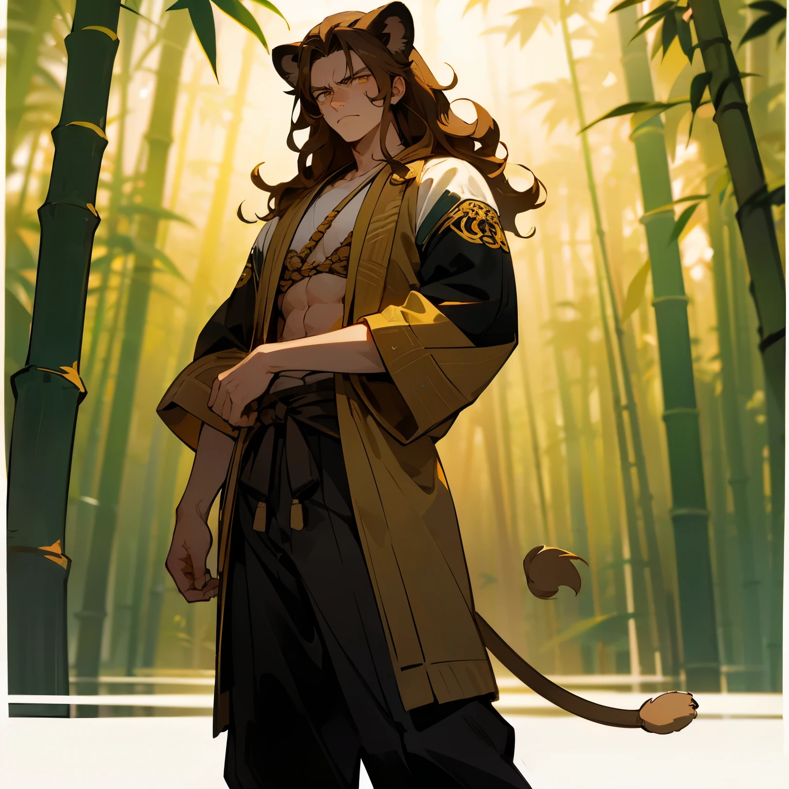1male, Wavy Brown Hair , Golden Eyes , Yellow Haori , Lion Tail , Serious Expression , Standing in bamboo Jungle , Strawhat , Adult Male , Lean Muscular , Fitted Black Sleeves