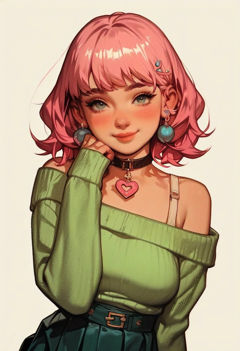 Fração_9, Fração_8_Direção_7_acima,Draw an anime style girl with a chubby body and soft curves, with wavy pink hair that reaches her shoulders. Her large, expressive eyes are a light blue, conveying a mixture of sweetness and determination. She wears a cute and casual outfit, like a loose pastel colored sweater and a pleated skirt. Your personality is cheerful and outgoing., always with a smile on your face, but she also has a shy side when it comes to her feelings