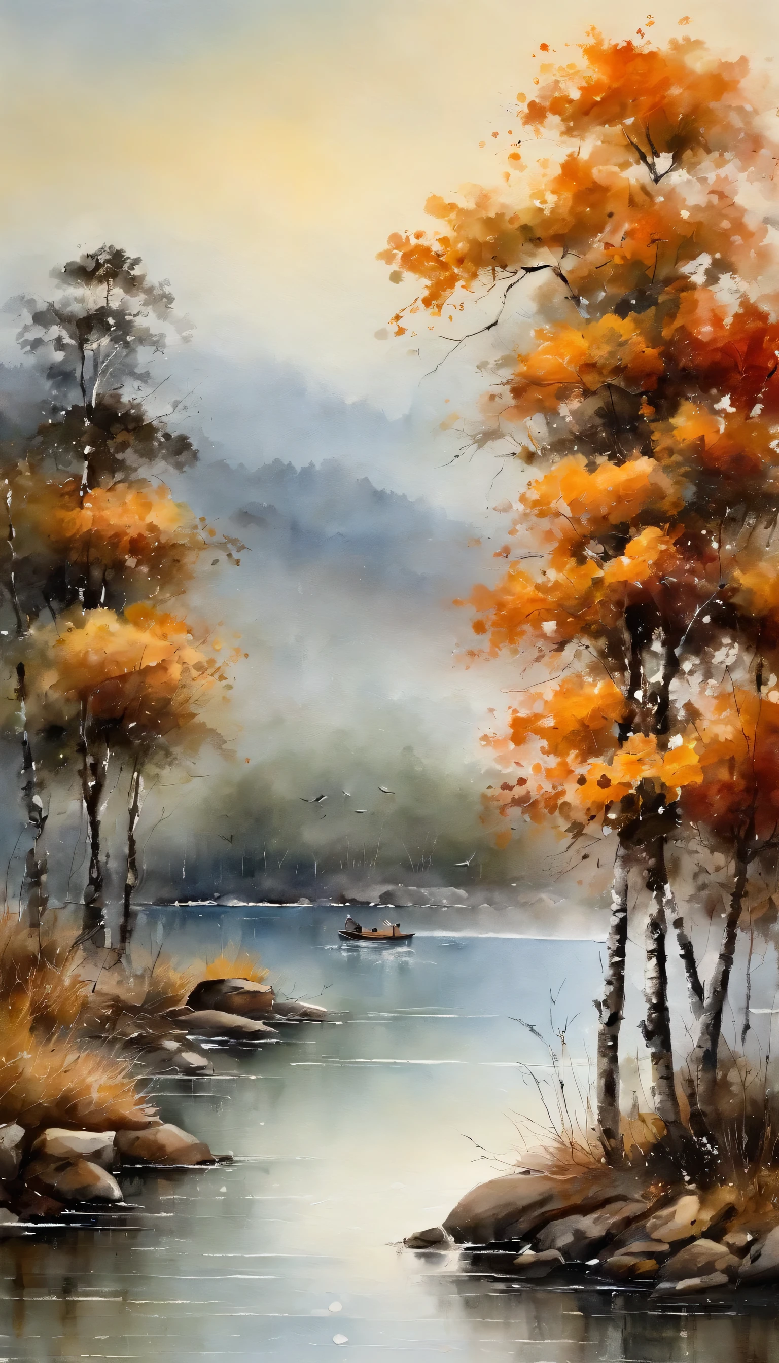 Chinese landscape painting,pintura a inking e aquarela,water ink,inking,Bloodstain,Faraway view,Ultra-wide viewing angle,meticulous,Views from the fishing boat,meticulous,Bloodstain,low saturation,low-contrast,Fishing alone in the cold river snow,snow landscape,beautifully depicted,um detalhado,acurate,Masters' works,tmasterpiece
