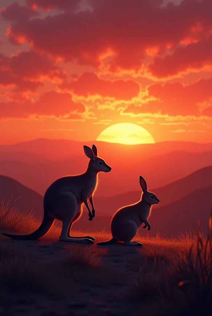 sun set low and sky turns red, kangaroo and rabbit head to bed