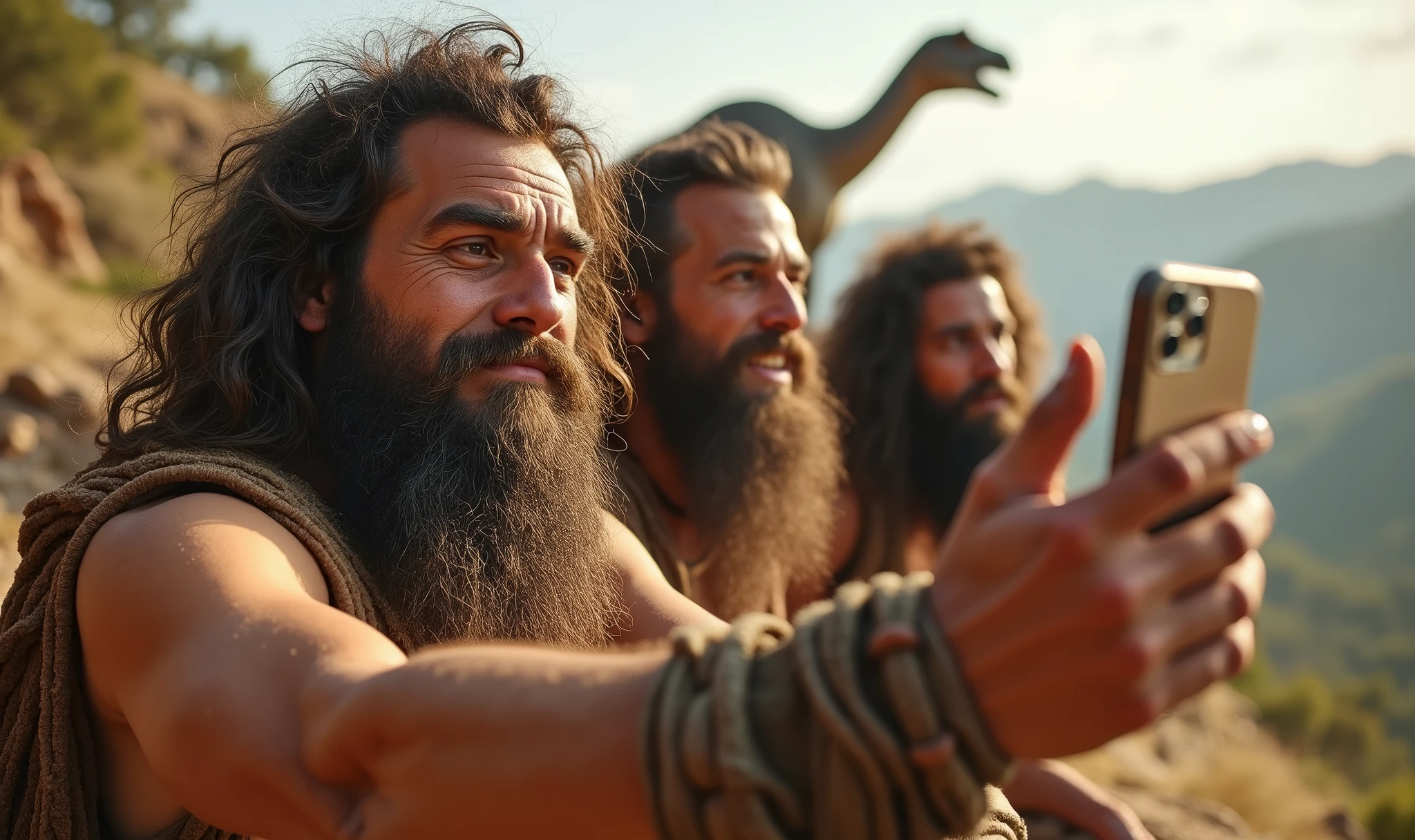 group of cavemen friends 100 years ago.000 years ago, holding a smartphone and taking a selfie, (dinosaurs in the background), (iphone-15), 