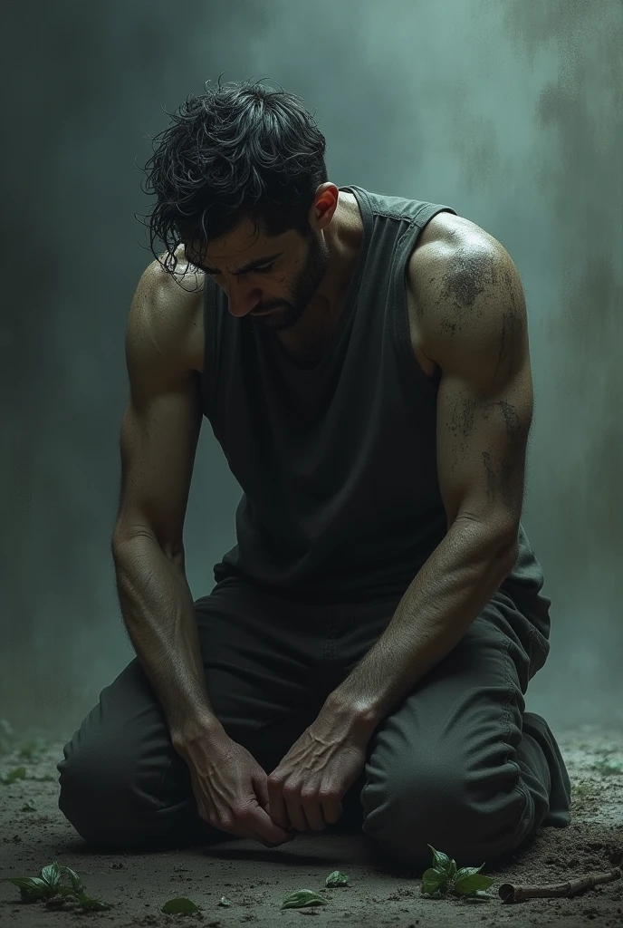 Defeated, fallen and broken guy but yet still alive with gloomy background and the guy is kneeling down with regrets despair and guilt of losing the loved one who loved him than anyone ever had