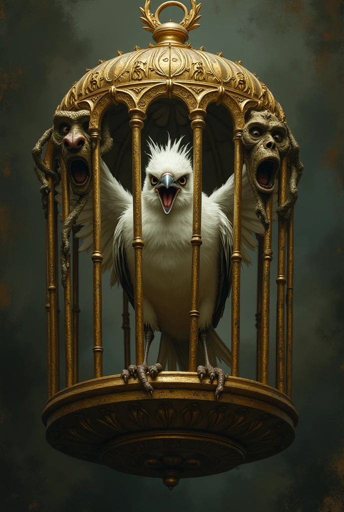 Imagine a picture of a bird with clipped wings struggling to take flight, trapped in a gilded cage.
The cage bars morphing into disapproving faces and judgemental eyes.