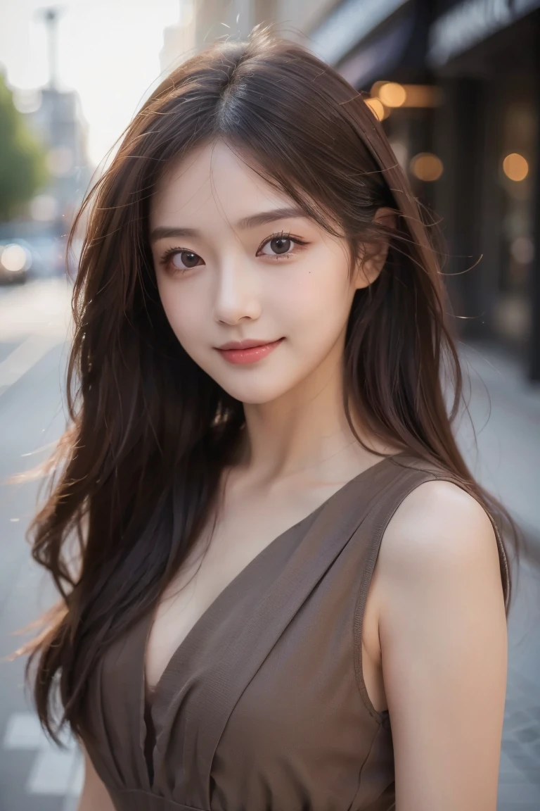 ((Highest quality, 8k, masterpiece :1.3)), 1 girl, smile, whole body, Face thinning, Beautiful woman, (Dark brown hair), Full-length dress :1.1, Highly detailed face, Delicate eyes, double eyelid, Blurred Background, Face thinning, city, External, street,