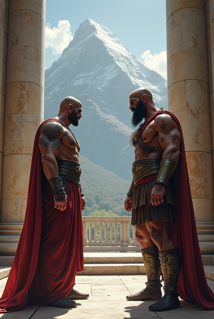 create an image of Kratos facing a judge from the judiciary who thinks he is god for a fight on Olympus