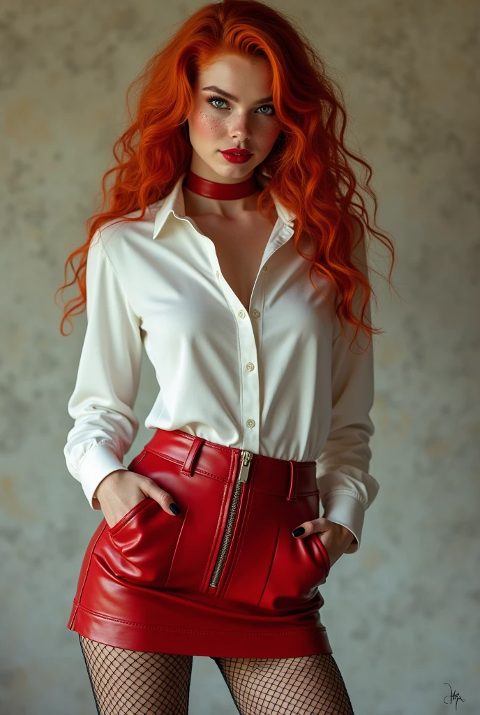 20 year old tall cute fit curly freckled copper redhead with red fleshy lips and large emerald-green eyes, in a glossy white satin shirt, extremely short tight belted red leather microskirt with frontal zip and pockets and high waist, black thigh-high fishnet stockings, red high heel shoes, wearing a tightly set red leather neckband, standing in full height, with long legs set wide apart.