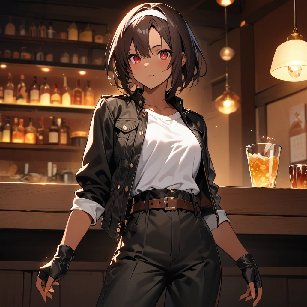 A masterpiece! A single, female figure with dark skin and striking red eyes. She wears a black jacket with rolled-up arms, fingerless gloves, and a crisp white T-shirt. Her hair is short and stylishly messy. A white headband adds a touch of whimsy to her look. Black pants and white shoes complete the outfit, cinched at the waist by a brown belt. As she eats and drinks with friends in a cozy restaurant setting, her confident gaze radiates charm. The high-quality lighting casts a warm glow on her fine features, fine grain texture of her skin, and the surprise-filled sparkle in her eyes.