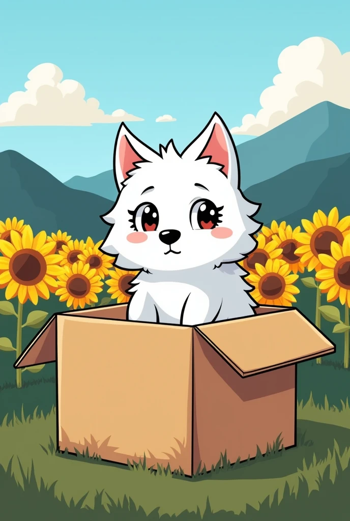 kemono, white wolf, cardboard box, animal in a box, sunflower field, mountain view, blue sky, clear sky, vector illustrations, black outline, big eyes, cool shadow, warm light