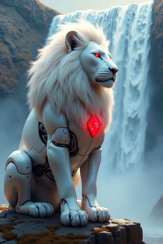 White lion with robotic structure and red eyes and red dimond in siting near the waterfall colour is a red more big and denger waterfall lion 8s more dengerous more dengerous more dengerous more more moreover