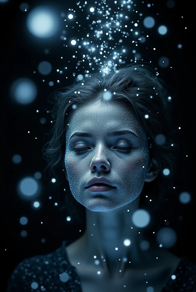 a black canvas, copos de nieve brights y transparentes que caen, transparent holographic reflections, (Best Quality,4k,8k,High resolution,masterpiece:1.2),ultra detailed,(realist,photorealist,photo-realist:1.37),Very detailed, Intricate, hyperrealist, cinematic lighting, dramatic lighting, volumetric lighting, 3d depth, crystalline textures, glass-like surfaces, ethereal, dreamlike, mystic, from another world, magical, bright, shimmering, refracting, iridescent, translucent, light, radiant, with two central faces of a woman and a man. And a  between the two of them.
